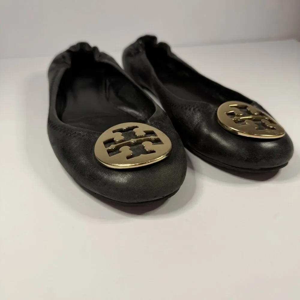 Tory Burch Leather Reva Ballet Flats Shoes Women 6.5 Black Gold Logo